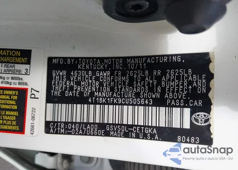 2012 Toyota Camry Xle V6 from USA, damaged, VIN 4T1BK1FK9CU505643